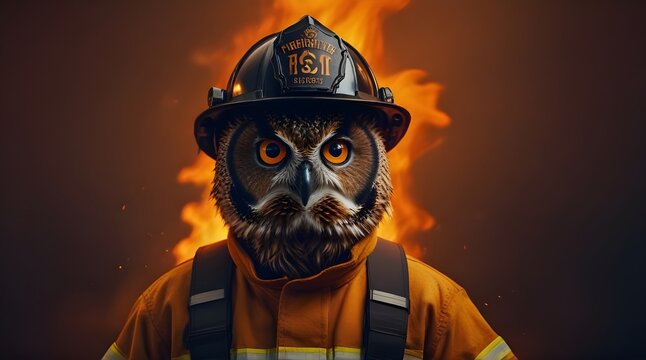 Firefighter Owl on fire Background .Generative AI