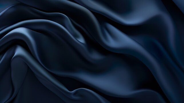 This high-resolution image shows a luxurious navy blue satin fabric with a smooth, silky texture and beautiful draping
