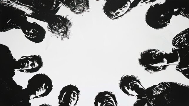 A black and white photograph of a group of people standing in a circle and looking at the camera. The photo appears upside down.