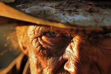 Close-up portrait of an elderly man under a weathered hat, capturing intense eyes and rugged features
