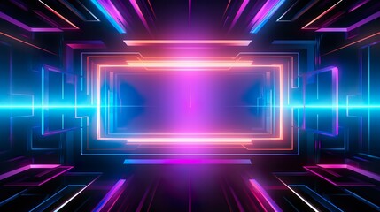 This image showcases a dynamic neon rectangular tunnel with vibrant blue and pink hues reflecting a digital cyber world
