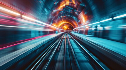 A train is moving through a tunnel with bright lights, AI