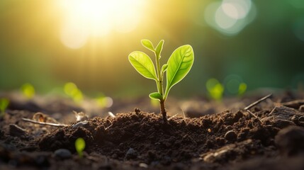 A symbol of new life and hope, a young green plant sprouts from the rich brown soil, basking under the warm sunlight