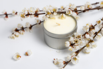 Minimalistic candle and blooming branches on white background