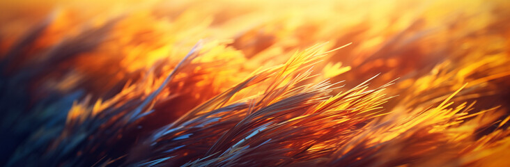 A field of grass with a bright orange sun in the background