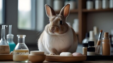 Cosmetics test on rabbit animal Scientist or pharmacis .Generative AI