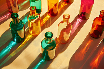 colorful glass bottles with shadows