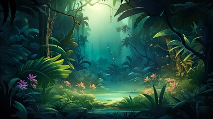 Captivating digital illustration of a tropical jungle scene bathed in a radiant glow that suggests an enchanting, otherworldly location