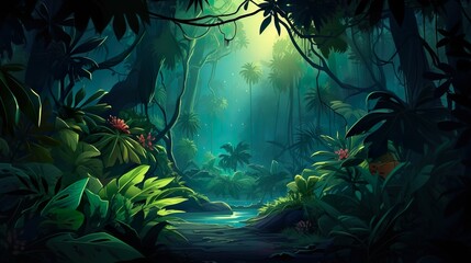 Fototapeta na wymiar Digital painting depicting a secluded pathway through a dense tropical forest, illuminated by a soft moonlight, inviting mystery and exploration
