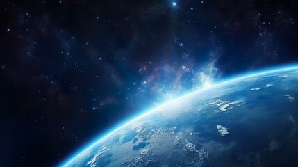An awe-inspiring digital image capturing Earth as viewed from outer space with a prominent atmosphere and shining stars