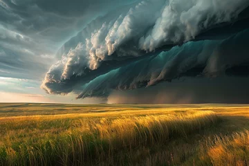Fotobehang A dramatic storm approaching over a serene prairie, with dark, brooding clouds contrasting against the bright, sunlit grasses. 32k, full ultra hd, high resolution © Annu's Images