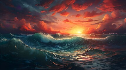 An artistic interpretation of stormy ocean waves during a fiery sunset, showcasing raw power and beauty
