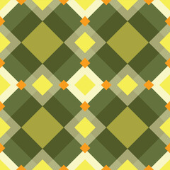 Vector seamless classic geometric harlequin diamond shapes pattern of green, orange, beige colors. - obrazy, fototapety, plakaty
