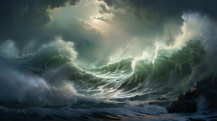The artwork captures a violent storm over the ocean with turbulent waves and dramatic lighting from above