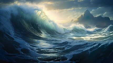 This digital painting showcases a towering ocean wave illuminated by sunlight breaking through stormy skies