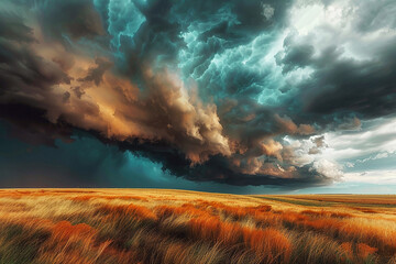 A dramatic storm approaching over a serene prairie, with dark, brooding clouds contrasting against the bright, sunlit grasses. 32k, full ultra hd, high resolution - obrazy, fototapety, plakaty