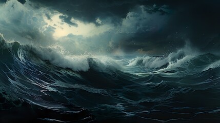 This image portrays a powerful wave on a dark and stormy ocean, capturing the ferocity of nature - Powered by Adobe