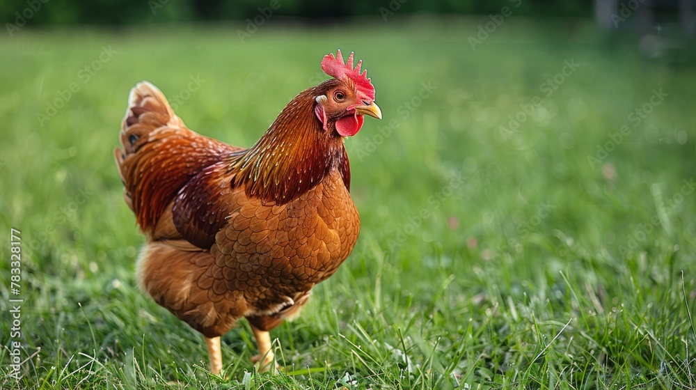 Sticker a rooster standing in a field of grass with trees behind him, ai