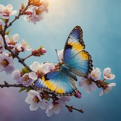 Beautiful blue yellow butterfly in flight and branch of flowering apricot tree in spring at Sunrise...