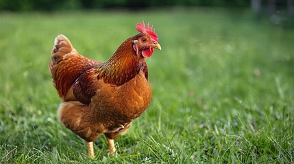 Fototapeta premium A rooster standing in a field of grass with trees behind him, AI
