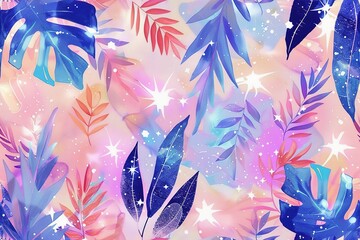 pastel punk botanical art pattern of spring plants, vintage painting, forest leaves, gouache painted illustrated pastel galaxy, watercolor, pastel colors, stars, unicorncore, sparklecore, cosmic - obrazy, fototapety, plakaty