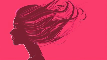 On a pink background, the profile of a woman with long flowing hair.
