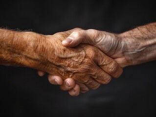 A detailed close-up image of a handshake between two individuals, symbolizing trust, agreement, and partnership.