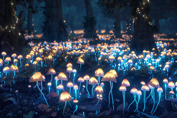 A field of bioluminescent mushrooms in a dark forest, their glow illuminating the surroundings with...