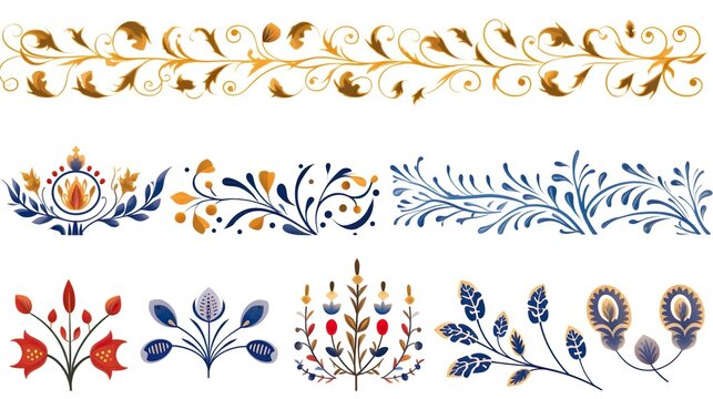Elegant set of decorative floral and foliage designs, rendered in classic ornamental style with modern twist