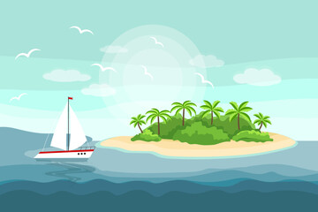Seascape, idyllic paradise island with palm trees and mountains on the sea. Illustration, background, vector