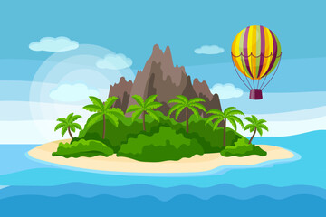 Fototapeta na wymiar Seascape, idyllic paradise island with palm trees and mountains on the sea. Illustration, background, vector