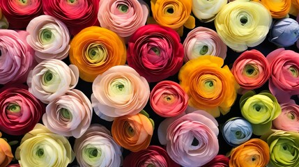 A vibrant collection of various colored ranunculus flowers tightly packed together showcasing their beauty