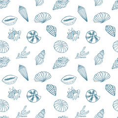 Seamless pattern, hand drawn contour seashells in pastel colors, Background, print, textile, vector