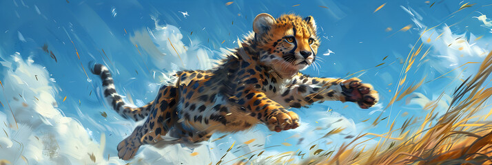Flying cute cheetah character on blue sky,
A painting of a leopard on a cliff
 - obrazy, fototapety, plakaty