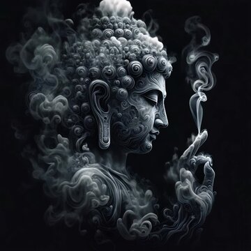 Buddha face in smoke art style with swirling patterns on a black background Digital artwork.