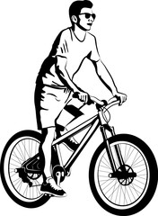 man on MTB bike - black and white vector illustration