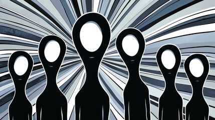 Five humanoid figures with large eyes standing against a striped background. The figures are black and white and vary in size. - obrazy, fototapety, plakaty