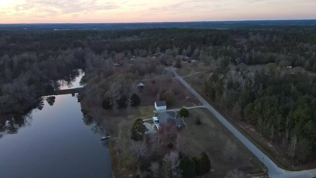 Aerial landscape of rural neighborhood at sunset in Grovetown Augusta Georgia