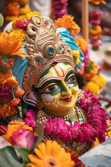 vertical banner, Ratha Yatra, Lord Jagannath festival, parade decorated with the face of the deity in close-up, street carnival procession, yellow marigolds