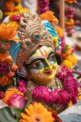 Obraz premium vertical banner, Ratha Yatra, Lord Jagannath festival, parade decorated with the face of the deity in close-up, street carnival procession, yellow marigolds