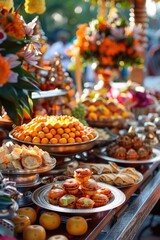 Fototapeta na wymiar Ratha Yatra, Lord Jagannath festival, traditional Indian treats, national dishes and sweets, street carnival, festive fair, yellow marigolds