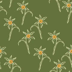 Vector seamless classic geometric diagonal pattern with hand drawn blooming narcissus on dark green background.