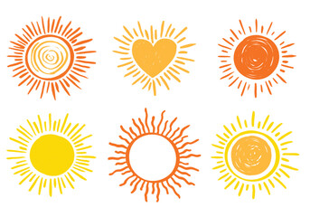 set of vector sun clipart, hand drawn colorful happy illustration, warm yellow orange, chalk sketch digital