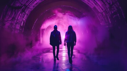 Two people walking through a tunnel with purple smoke coming out of it, AI