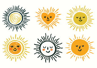 set of vector sun clipart, hand drawn colorful happy illustration, warm yellow orange, chalk sketch digital, emotions faces  