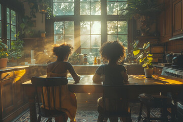 Two diverse children sitting at the kitchen table and doing their homework