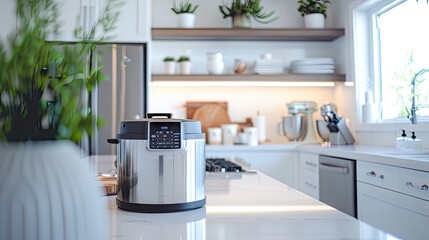 instant pot in action, releasing steam in our chic white kitchen