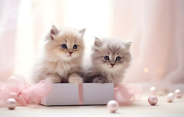 kittens in gift present box on white wooden table soft light for