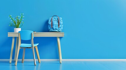 Minimalist home office setup with blue chair and desk against a blue wall. Simple interior design for productivity and style. Ideal for modern living spaces. AI