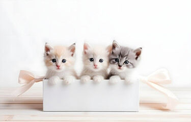 kittens in gift present box on white wooden table soft light for